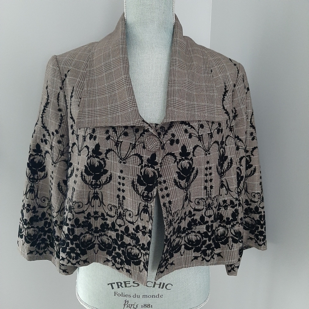 CARTISE Montreal Cropped Plaid Jacket Flocked Velvet Floral Bell Sleeve Sz 8
